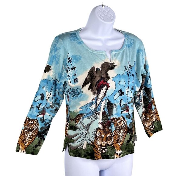 Mark Richards Collection Womens L Silk Blend Asian Tiger Allover Print Top Artsy - Picture 3 of 13